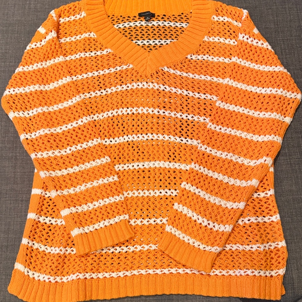 Talbots V-Neck Sweater in Orange and White Stripes